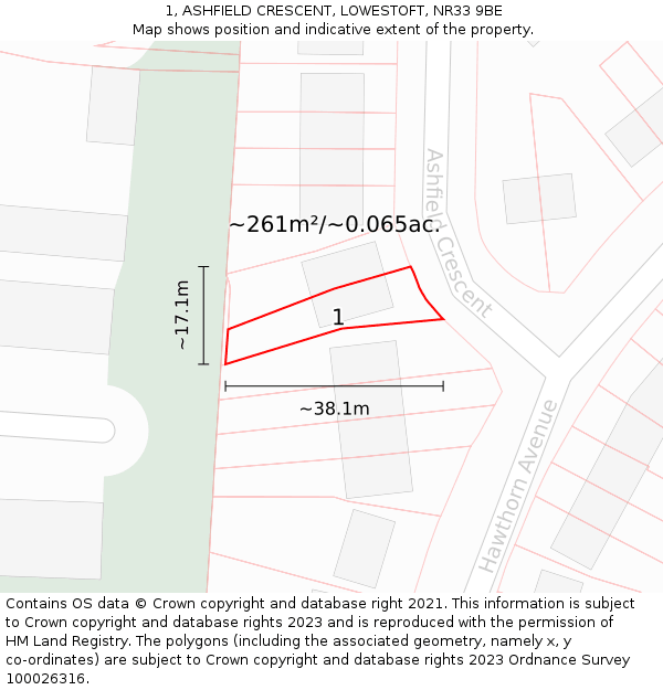 1, ASHFIELD CRESCENT, LOWESTOFT, NR33 9BE: Plot and title map