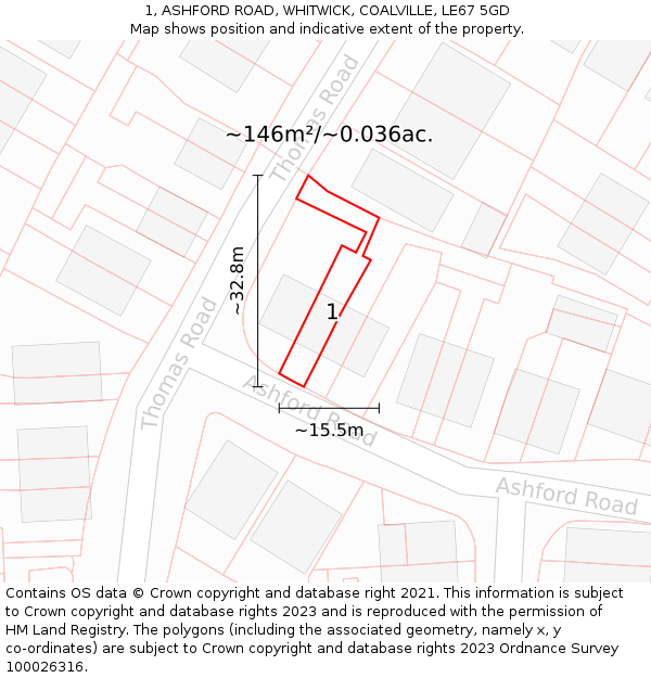 1, ASHFORD ROAD, WHITWICK, COALVILLE, LE67 5GD: Plot and title map