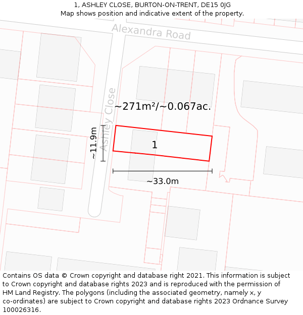 1, ASHLEY CLOSE, BURTON-ON-TRENT, DE15 0JG: Plot and title map