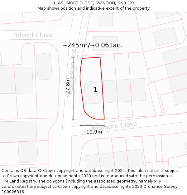 1, ASHMORE CLOSE, SWINDON, SN3 3PX: Plot and title map