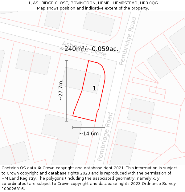 1, ASHRIDGE CLOSE, BOVINGDON, HEMEL HEMPSTEAD, HP3 0QG: Plot and title map