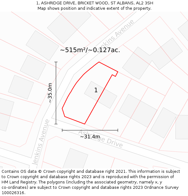 1, ASHRIDGE DRIVE, BRICKET WOOD, ST ALBANS, AL2 3SH: Plot and title map