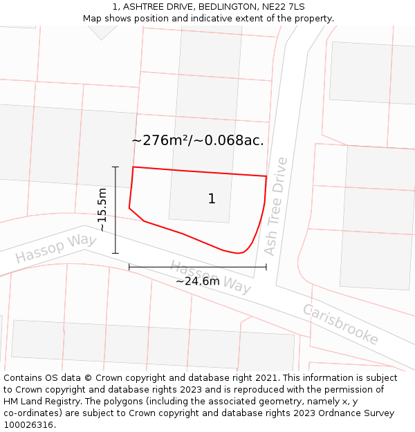1, ASHTREE DRIVE, BEDLINGTON, NE22 7LS: Plot and title map
