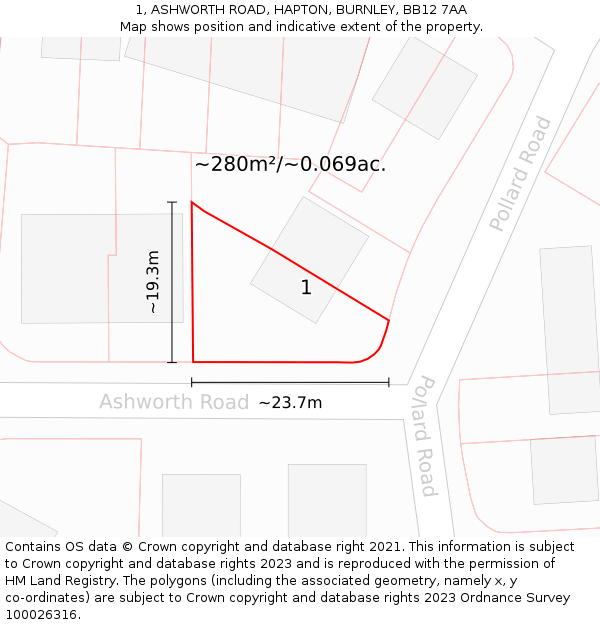 1, ASHWORTH ROAD, HAPTON, BURNLEY, BB12 7AA: Plot and title map