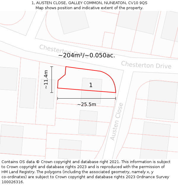 1, AUSTEN CLOSE, GALLEY COMMON, NUNEATON, CV10 9QS: Plot and title map