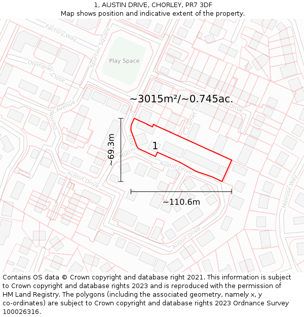 1, AUSTIN DRIVE, CHORLEY, PR7 3DF: Plot and title map