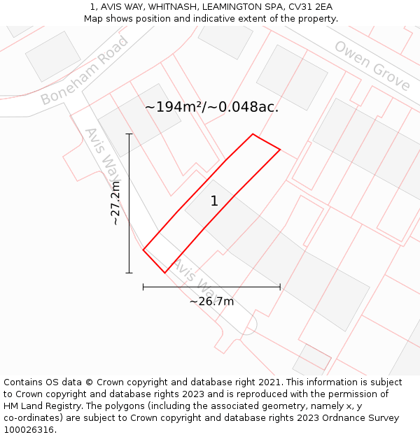 1, AVIS WAY, WHITNASH, LEAMINGTON SPA, CV31 2EA: Plot and title map