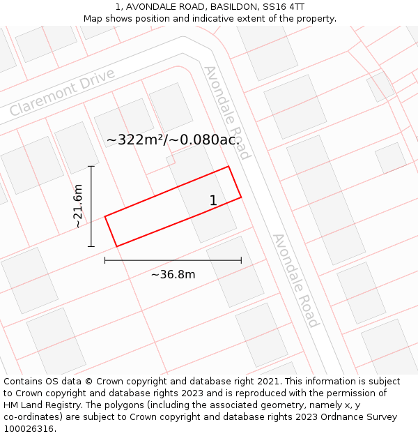 1, AVONDALE ROAD, BASILDON, SS16 4TT: Plot and title map