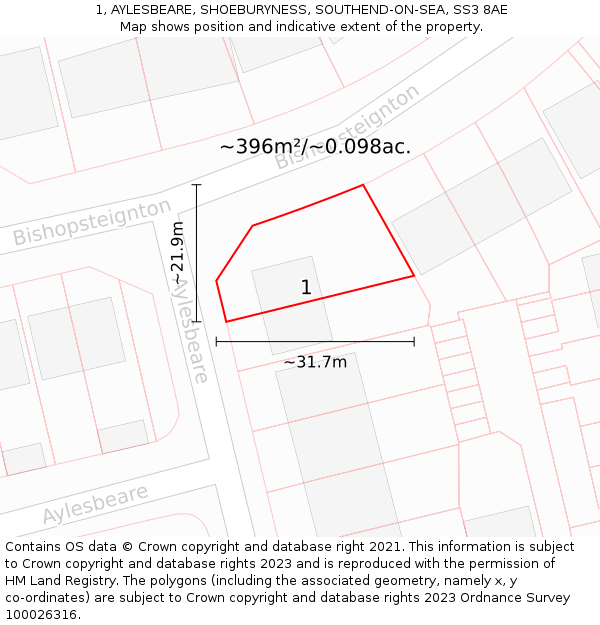 1, AYLESBEARE, SHOEBURYNESS, SOUTHEND-ON-SEA, SS3 8AE: Plot and title map