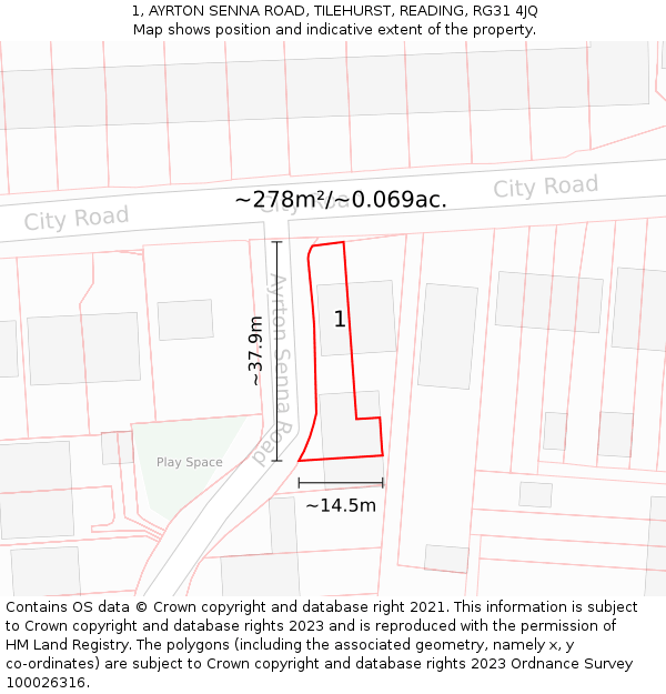 1, AYRTON SENNA ROAD, TILEHURST, READING, RG31 4JQ: Plot and title map