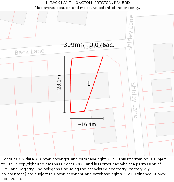 1, BACK LANE, LONGTON, PRESTON, PR4 5BD: Plot and title map