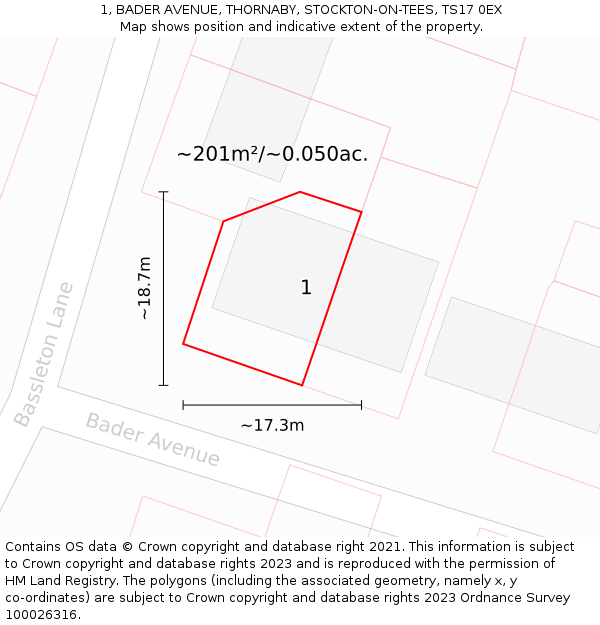 1, BADER AVENUE, THORNABY, STOCKTON-ON-TEES, TS17 0EX: Plot and title map