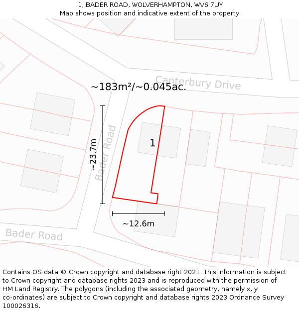 1, BADER ROAD, WOLVERHAMPTON, WV6 7UY: Plot and title map