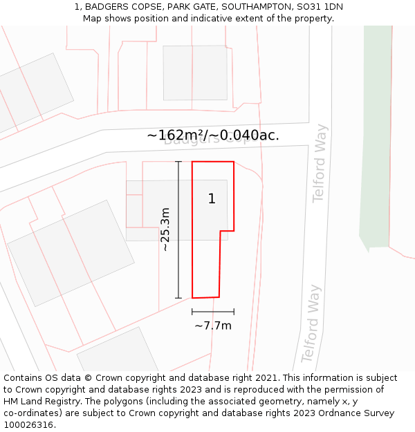 1, BADGERS COPSE, PARK GATE, SOUTHAMPTON, SO31 1DN: Plot and title map