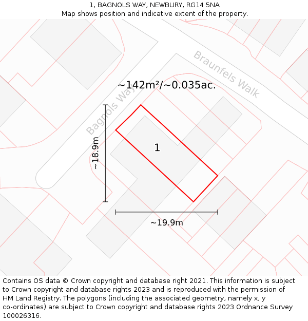1, BAGNOLS WAY, NEWBURY, RG14 5NA: Plot and title map