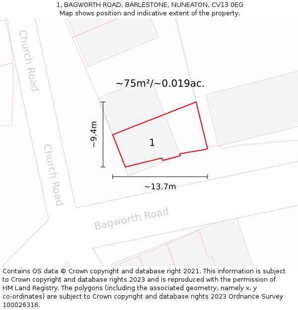 1, BAGWORTH ROAD, BARLESTONE, NUNEATON, CV13 0EG: Plot and title map