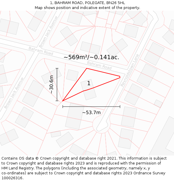 1, BAHRAM ROAD, POLEGATE, BN26 5HL: Plot and title map