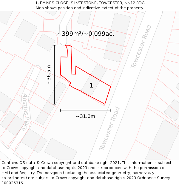 1, BAINES CLOSE, SILVERSTONE, TOWCESTER, NN12 8DG: Plot and title map