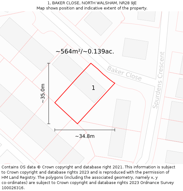 1, BAKER CLOSE, NORTH WALSHAM, NR28 9JE: Plot and title map