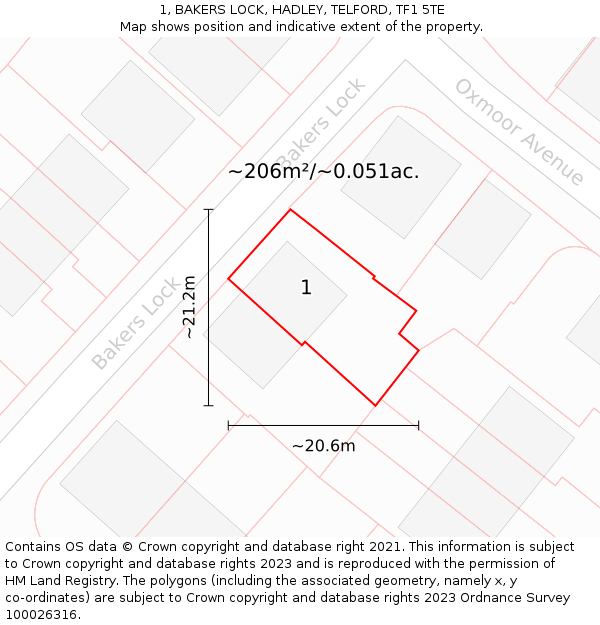 1, BAKERS LOCK, HADLEY, TELFORD, TF1 5TE: Plot and title map