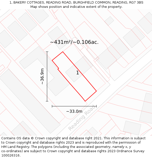 1, BAKERY COTTAGES, READING ROAD, BURGHFIELD COMMON, READING, RG7 3BS: Plot and title map