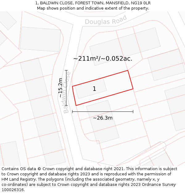 1, BALDWIN CLOSE, FOREST TOWN, MANSFIELD, NG19 0LR: Plot and title map