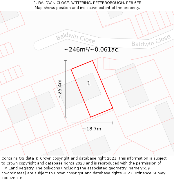 1, BALDWIN CLOSE, WITTERING, PETERBOROUGH, PE8 6EB: Plot and title map