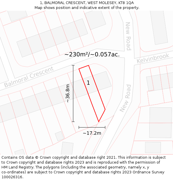 1, BALMORAL CRESCENT, WEST MOLESEY, KT8 1QA: Plot and title map