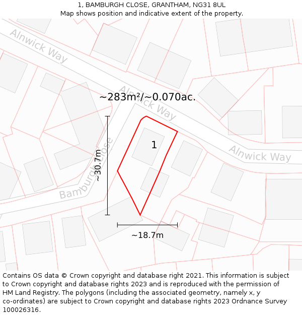 1, BAMBURGH CLOSE, GRANTHAM, NG31 8UL: Plot and title map
