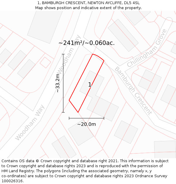 1, BAMBURGH CRESCENT, NEWTON AYCLIFFE, DL5 4SL: Plot and title map