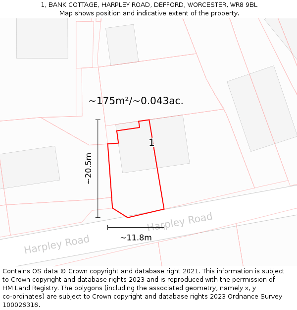 1, BANK COTTAGE, HARPLEY ROAD, DEFFORD, WORCESTER, WR8 9BL: Plot and title map