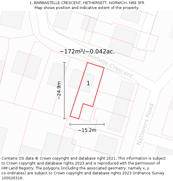 1, BARBASTELLE CRESCENT, HETHERSETT, NORWICH, NR9 3FR: Plot and title map