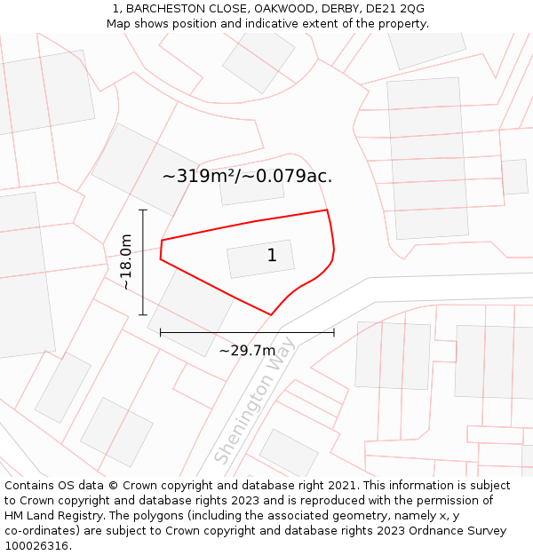 1, BARCHESTON CLOSE, OAKWOOD, DERBY, DE21 2QG: Plot and title map