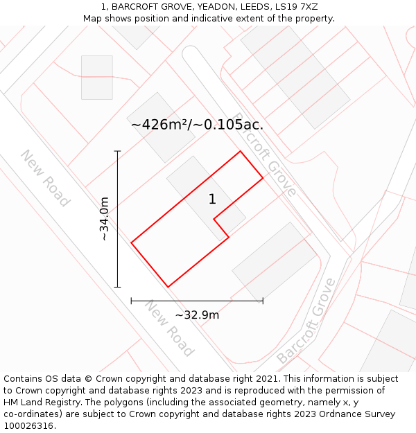 1, BARCROFT GROVE, YEADON, LEEDS, LS19 7XZ: Plot and title map