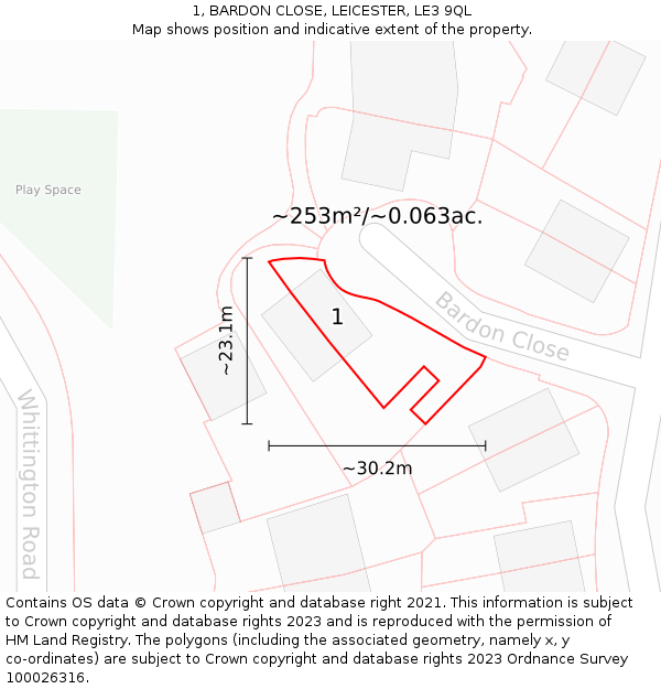 1, BARDON CLOSE, LEICESTER, LE3 9QL: Plot and title map