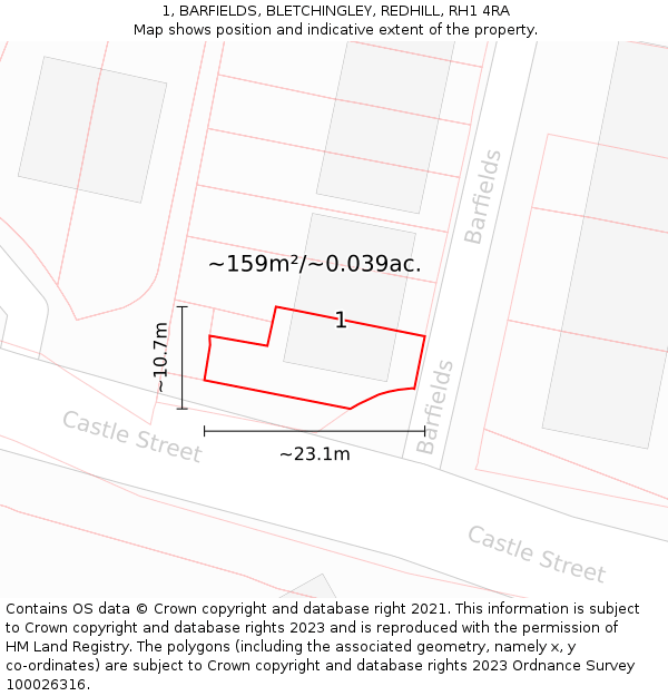 1, BARFIELDS, BLETCHINGLEY, REDHILL, RH1 4RA: Plot and title map