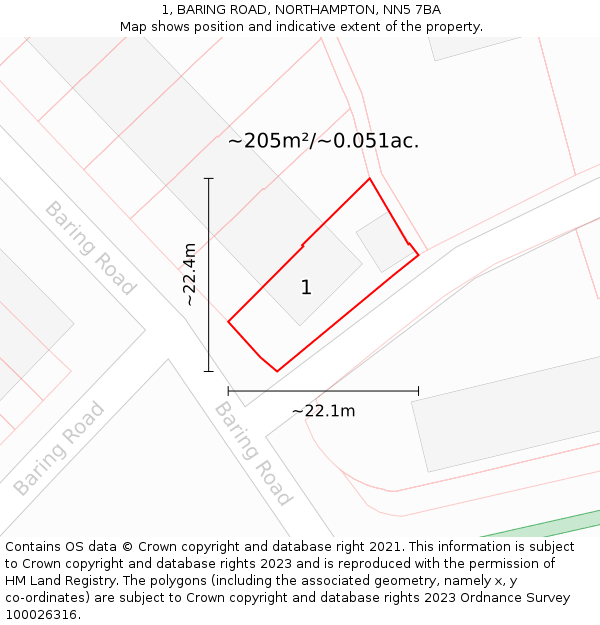 1, BARING ROAD, NORTHAMPTON, NN5 7BA: Plot and title map