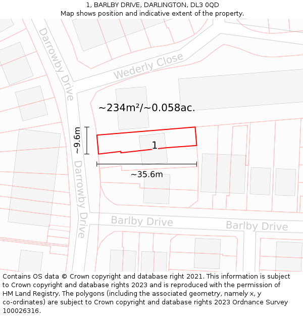 1, BARLBY DRIVE, DARLINGTON, DL3 0QD: Plot and title map