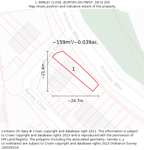 1, BARLEY CLOSE, BURTON-ON-TRENT, DE14 2SX: Plot and title map