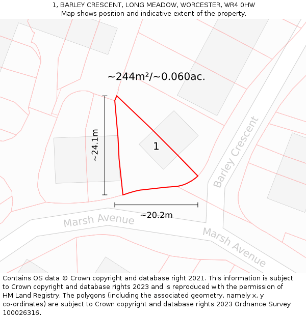 1, BARLEY CRESCENT, LONG MEADOW, WORCESTER, WR4 0HW: Plot and title map