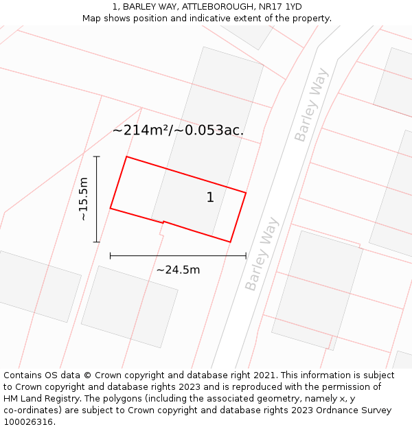 1, BARLEY WAY, ATTLEBOROUGH, NR17 1YD: Plot and title map