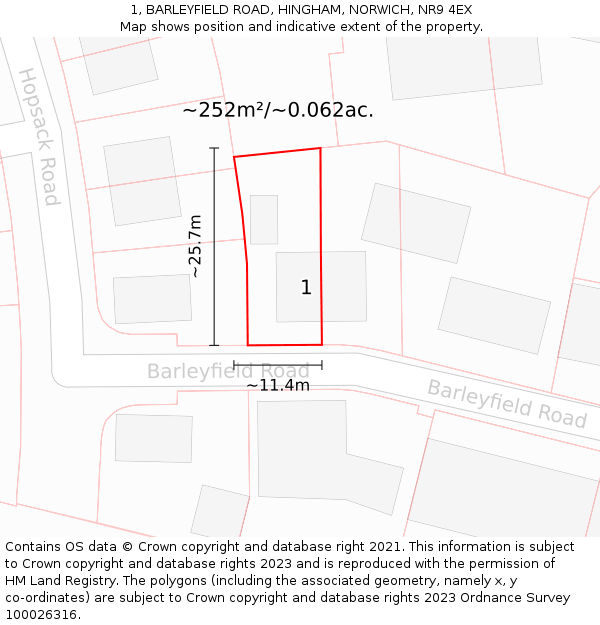 1, BARLEYFIELD ROAD, HINGHAM, NORWICH, NR9 4EX: Plot and title map