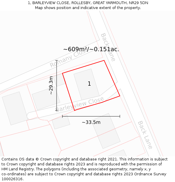 1, BARLEYVIEW CLOSE, ROLLESBY, GREAT YARMOUTH, NR29 5DN: Plot and title map