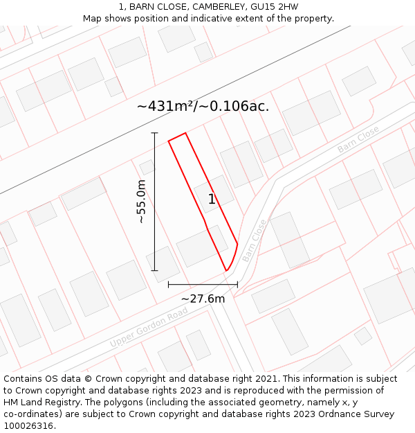 1, BARN CLOSE, CAMBERLEY, GU15 2HW: Plot and title map