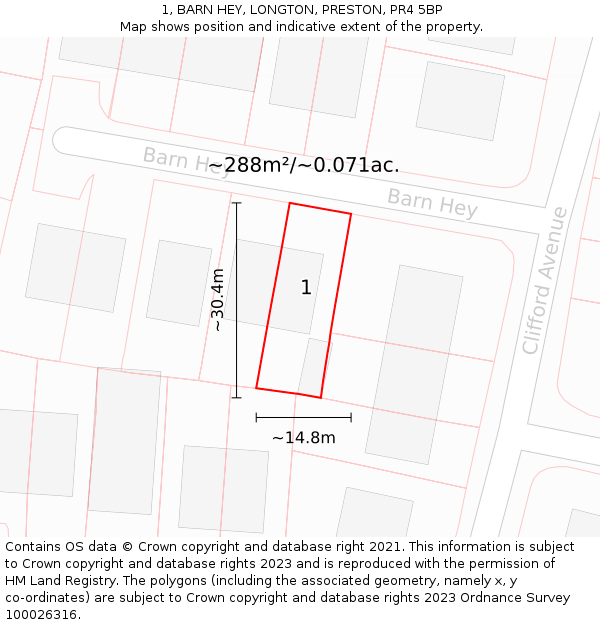 1, BARN HEY, LONGTON, PRESTON, PR4 5BP: Plot and title map