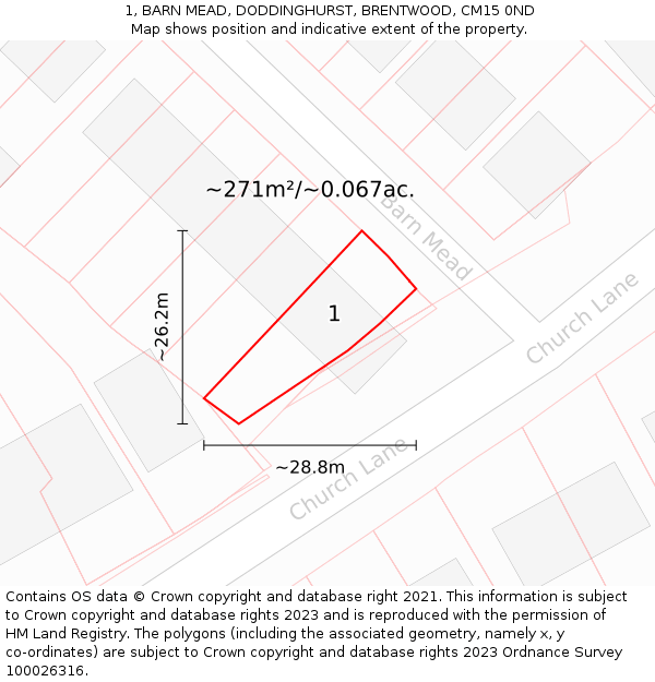 1, BARN MEAD, DODDINGHURST, BRENTWOOD, CM15 0ND: Plot and title map