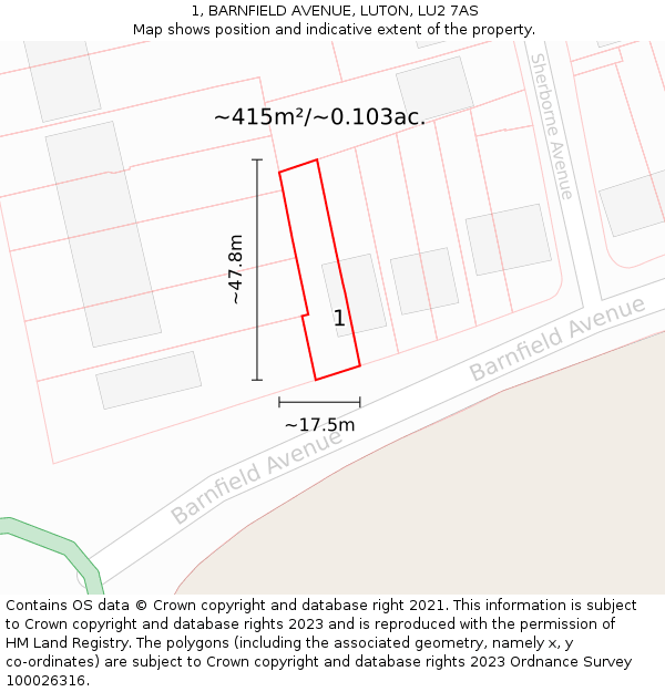 1, BARNFIELD AVENUE, LUTON, LU2 7AS: Plot and title map