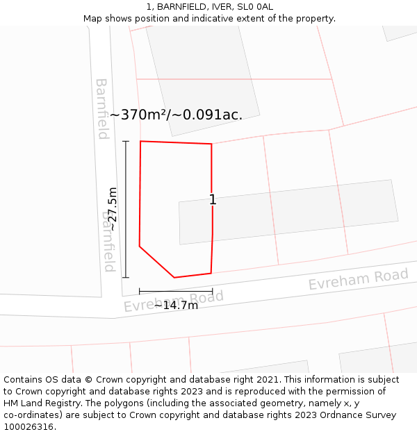 1, BARNFIELD, IVER, SL0 0AL: Plot and title map