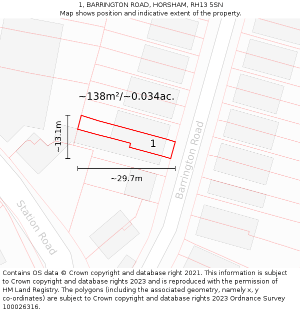1, BARRINGTON ROAD, HORSHAM, RH13 5SN: Plot and title map