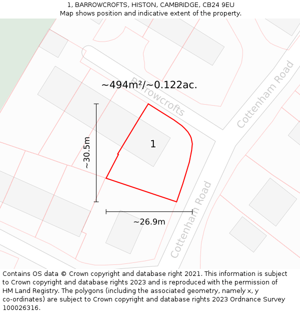 1, BARROWCROFTS, HISTON, CAMBRIDGE, CB24 9EU: Plot and title map